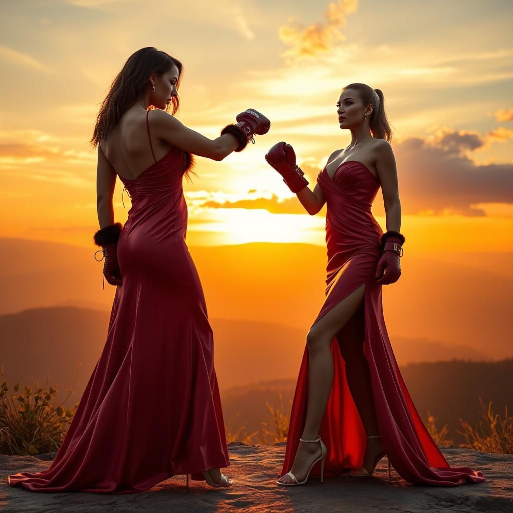Hyperrealistic Women's Fight in Evening Gowns