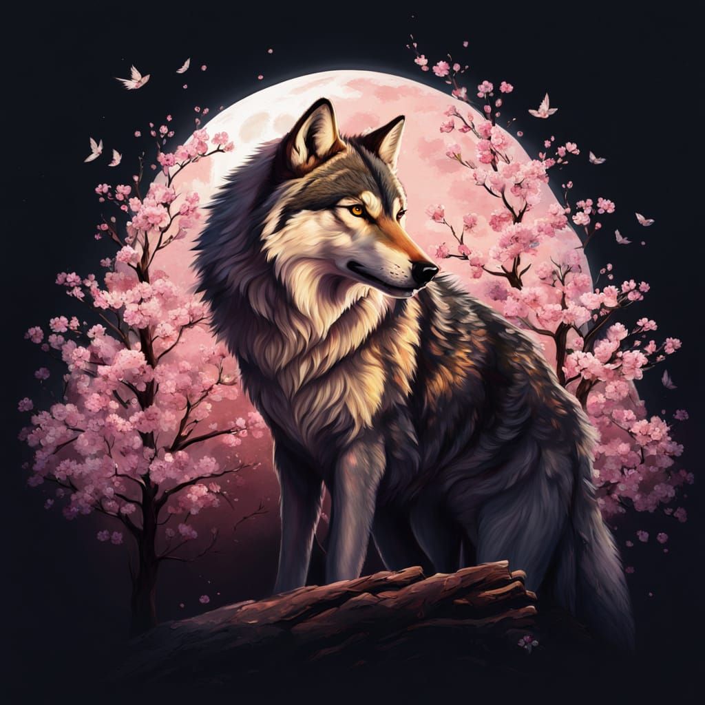 Wolf and Hawk in Serene Cherry Blossom Harmony