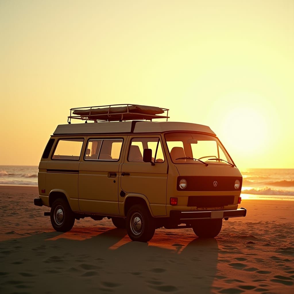 Van on Beach at Sunset: Cinematic Film Still