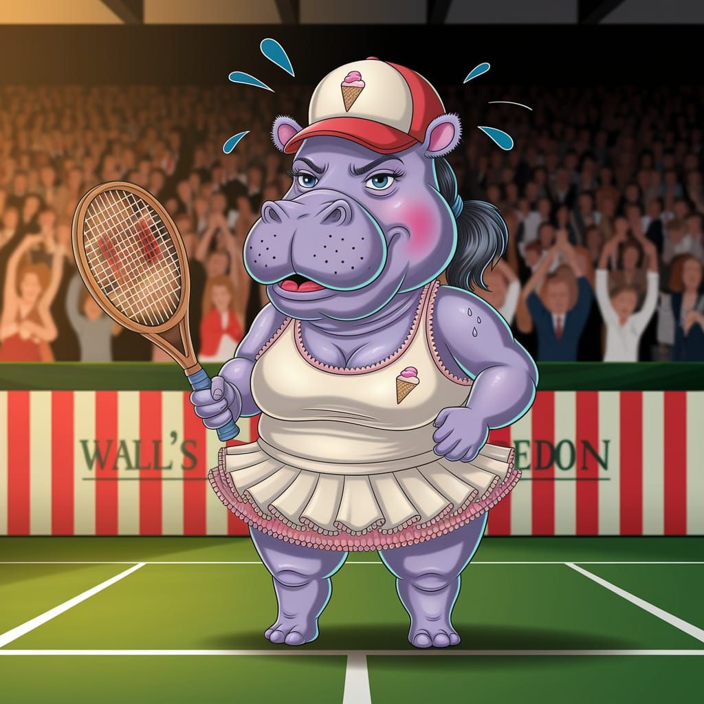 Whimsical Hippo Tennis Player at Wombledon