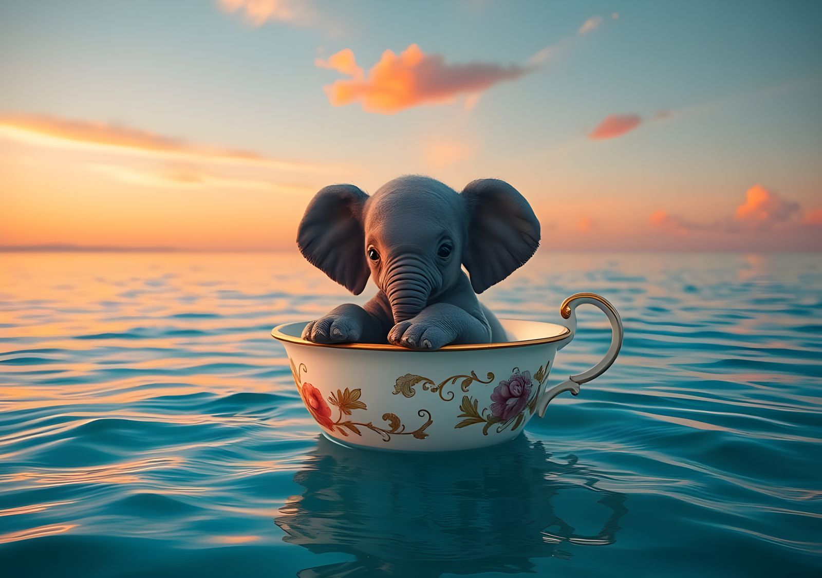 Elephant in Teacup on Ocean: Hyperrealistic Illustration