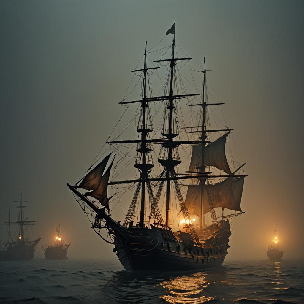 Wrecked Ship in Fog: Gothic Dark Fantasy Scene