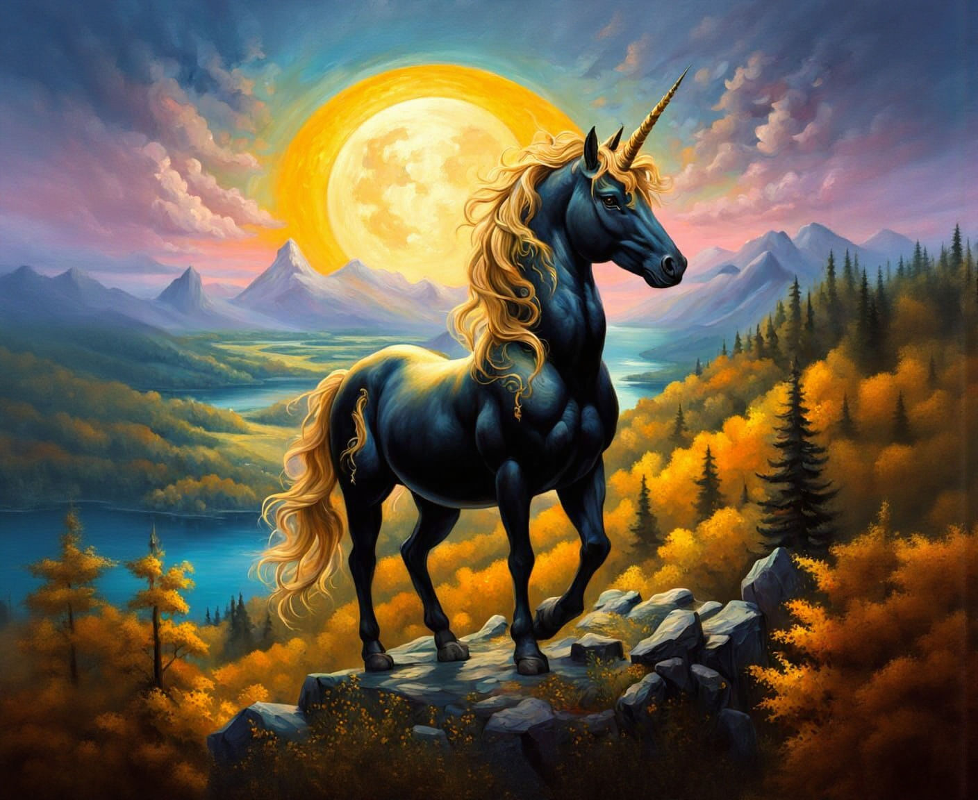 Majestic Black and Gold Unicorn in Hyperrealistic Landscape