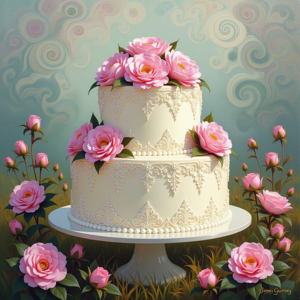 Majestic Camellia Cake in Fractal Field Oil Painting