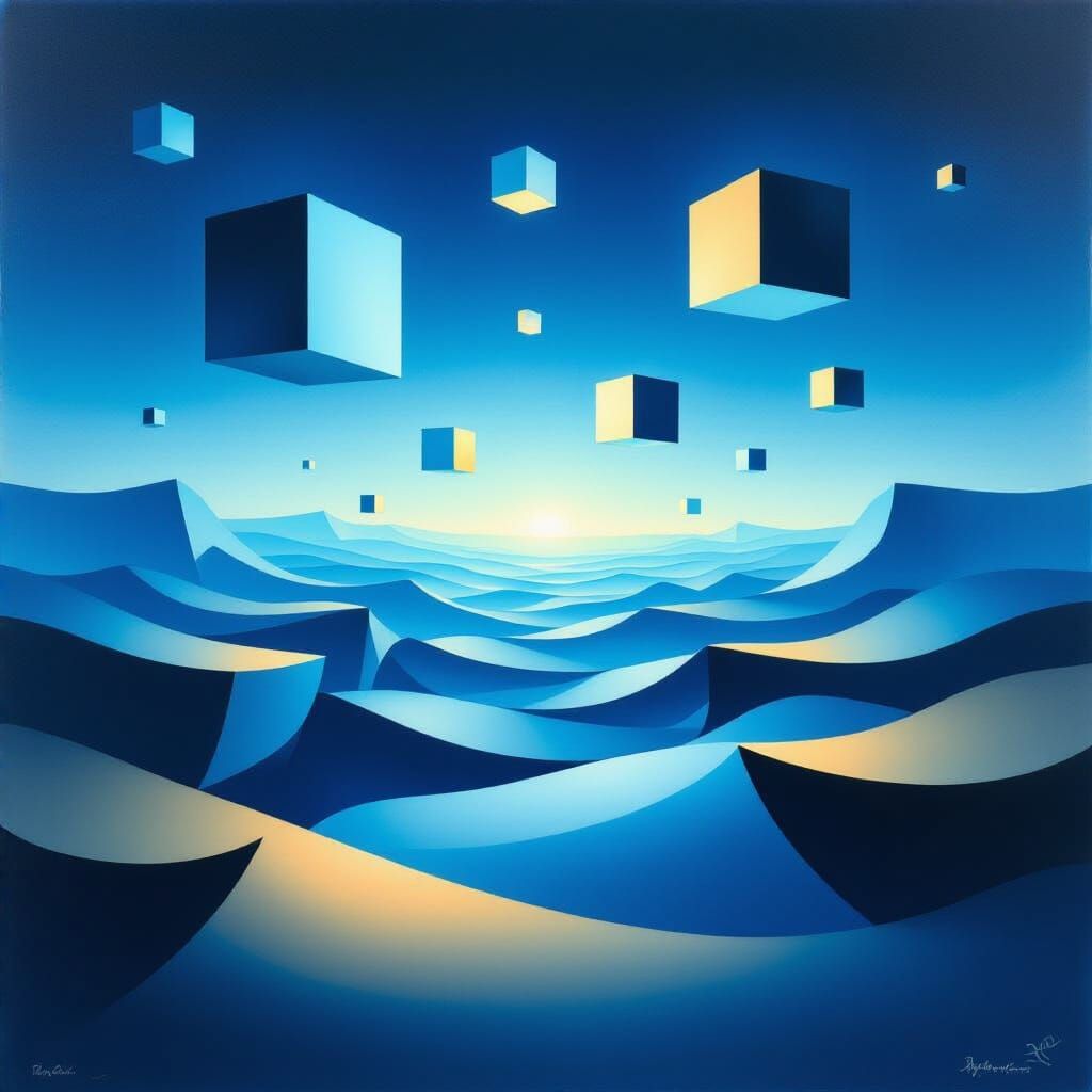 Surreal Dreamscape: Floating Shapes in Ethereal Blue