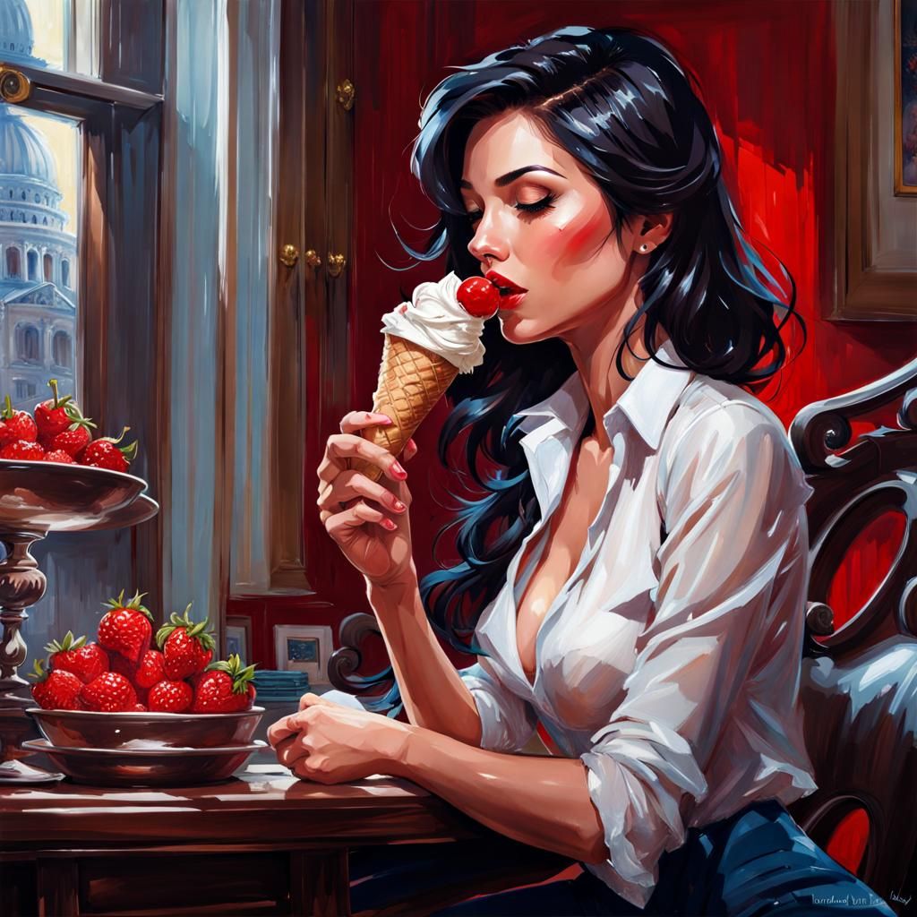Italian Girl Licking Ice Cream in Office, Splash Art