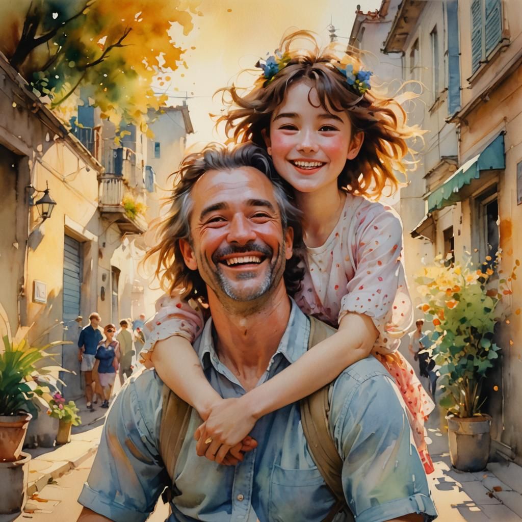 Watercolor: Girl Laughing on Father's Shoulders