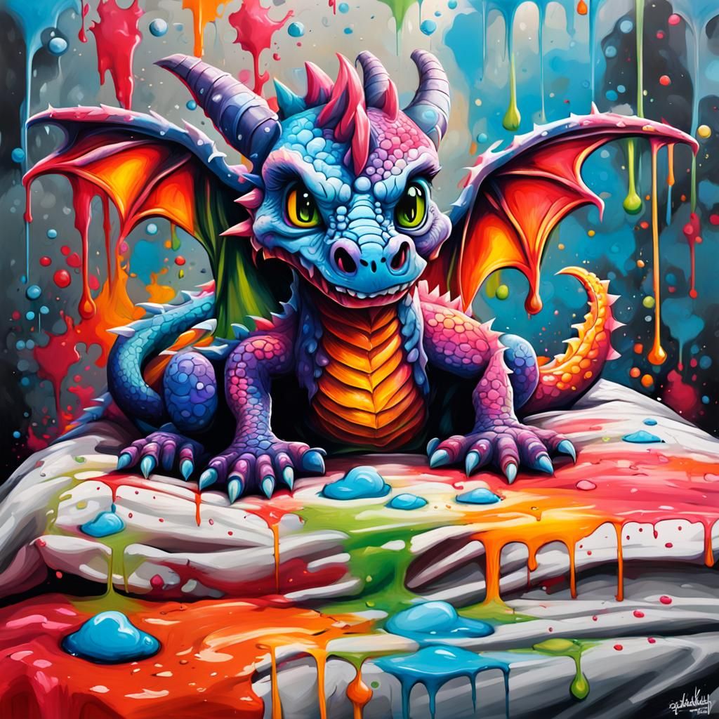 Baby Dragon in Bed as Graffiti Street Art