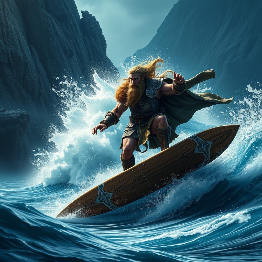 Viking Warrior Rides the Norse Fjord Wave