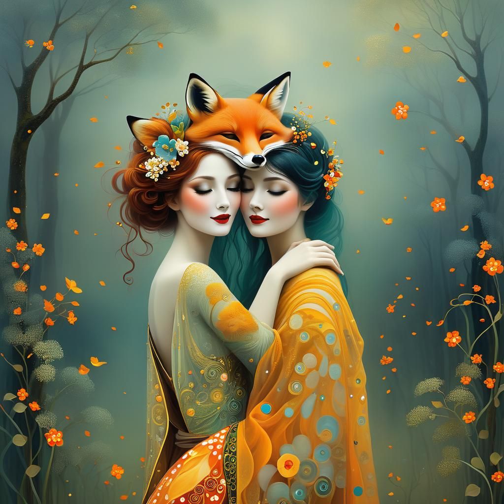 Smiling Foxy Lady in Mist, Klimt-Inspired 3D Art