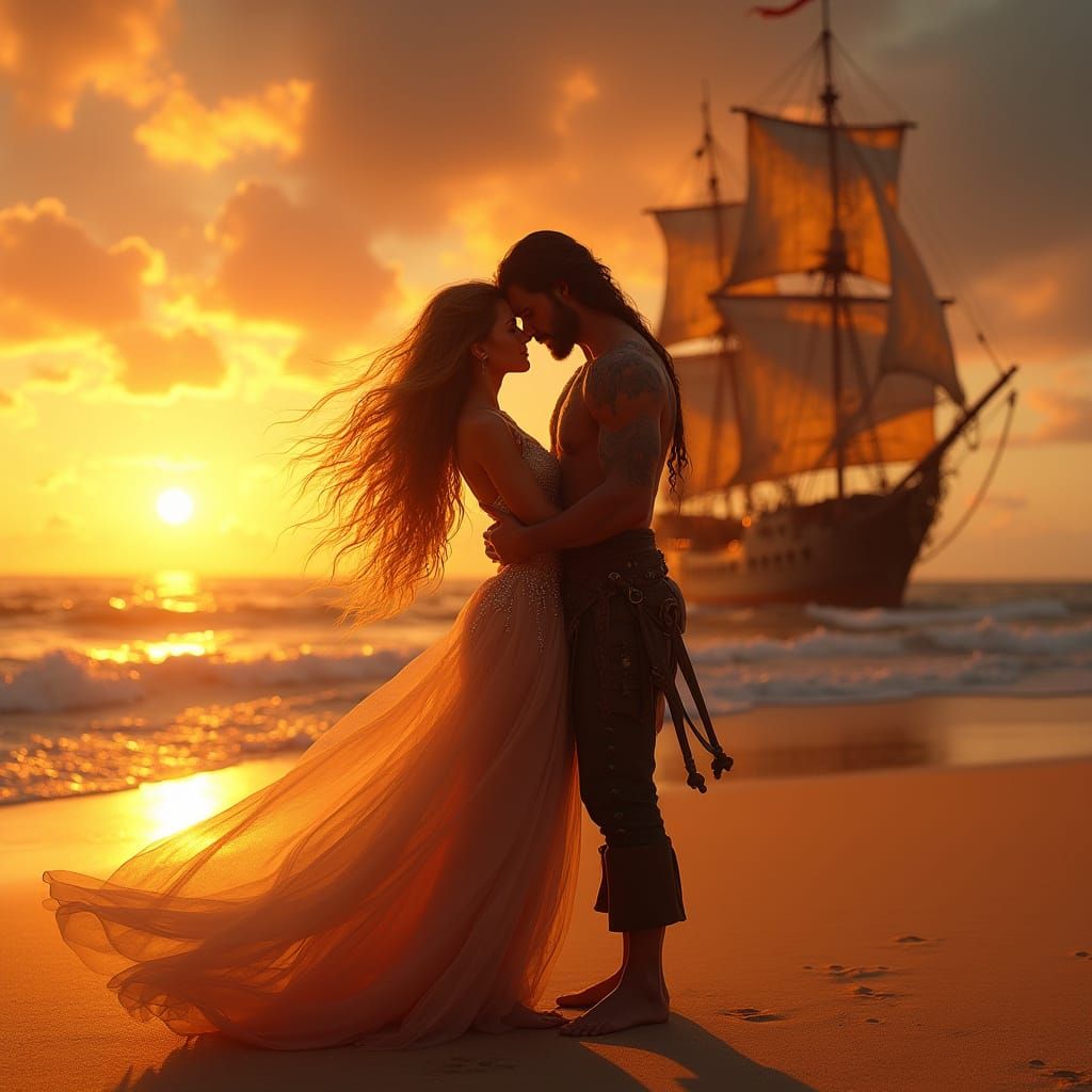 Pirate Captain and Maiden Share a Romantic Moment on a Deser...