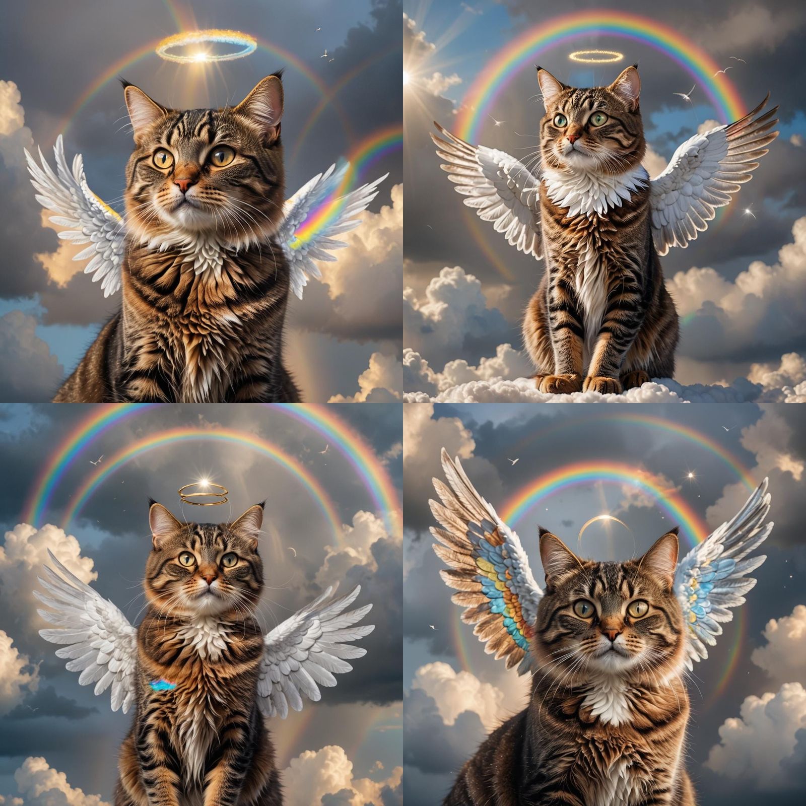Tabby Cat with Angel Wings in Rainbow Sky