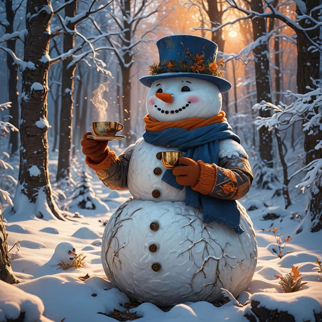 Whimsical Snowman Drinks Tea in Snowy Forest