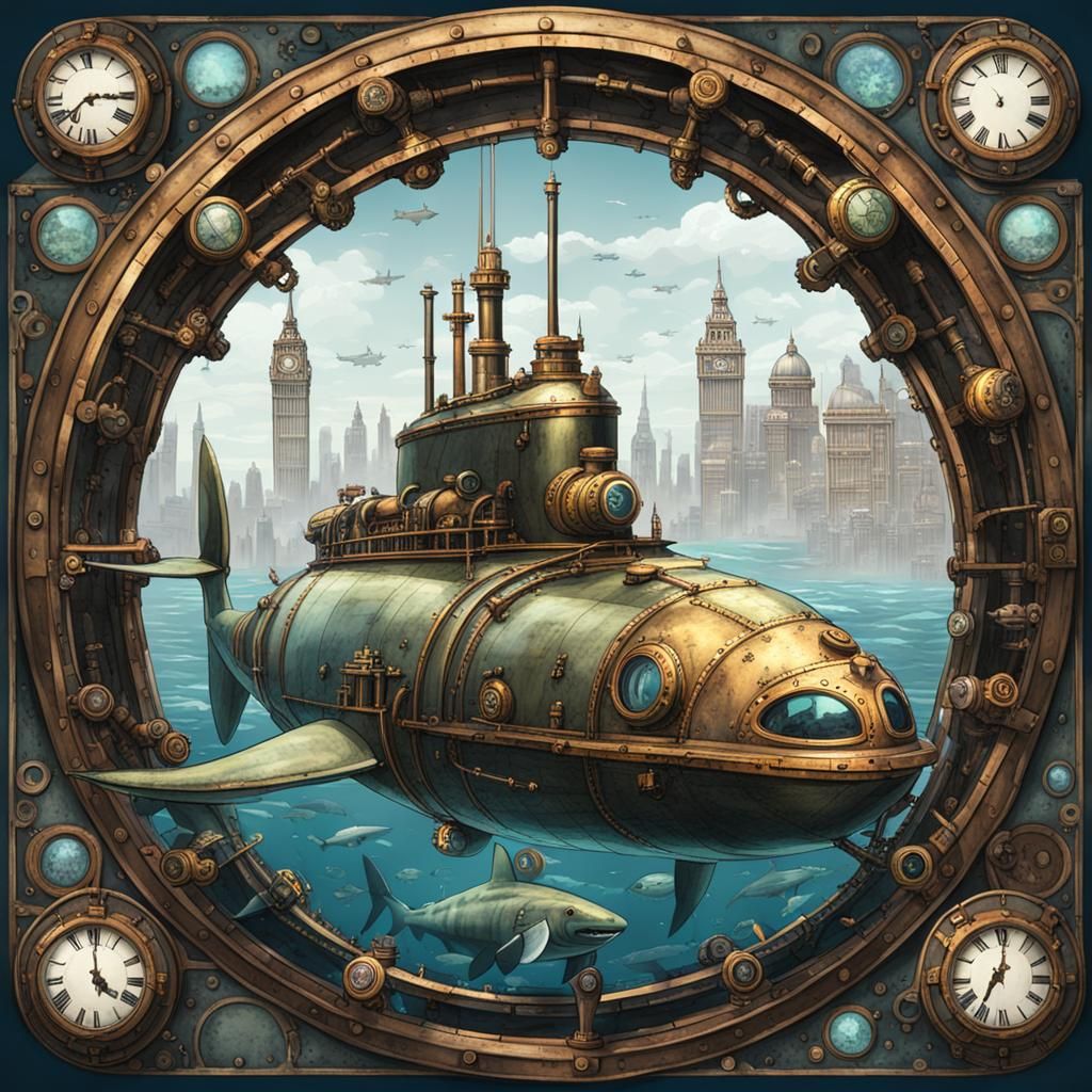 Steampunk Submarine Approaches Underwater Victorian City