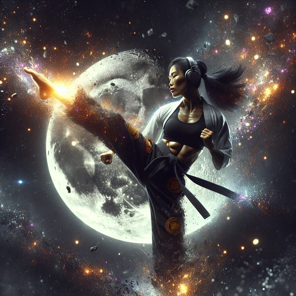 Stardust Kick: Sci-Fi Martial Artist Under Moonlight