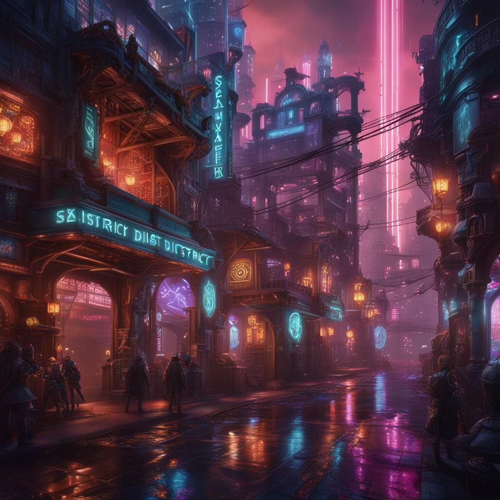 Holographic Red Light District in Detailed Digital Painting