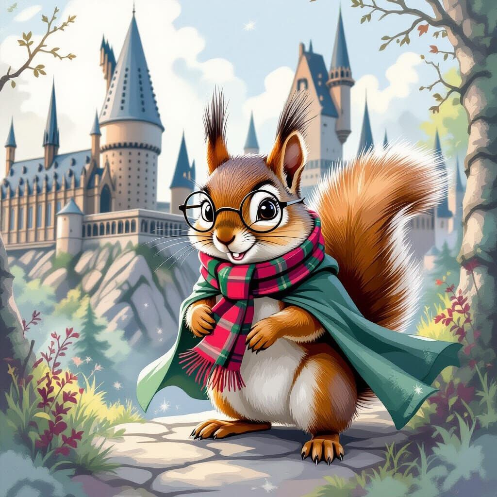 Whimsical Squirrel Invisibility at Hogwarts, Fantasy Art