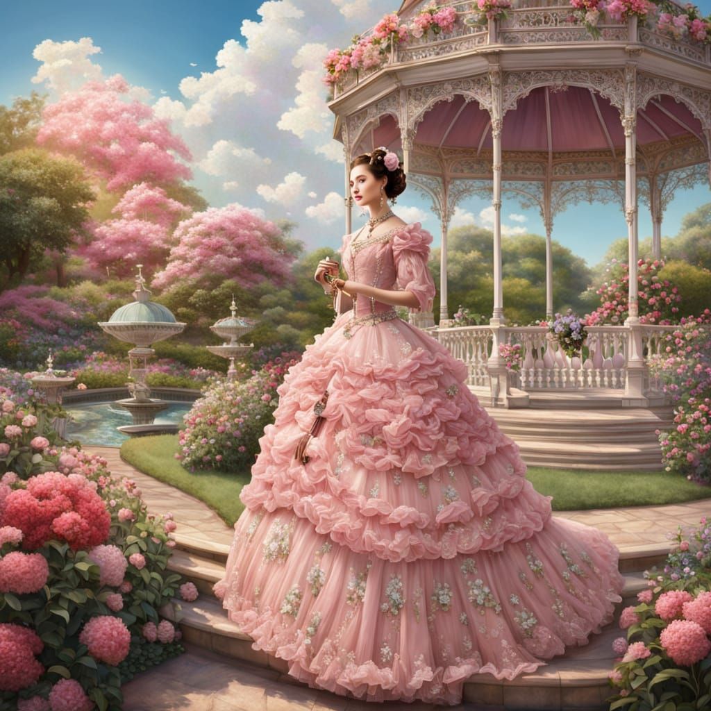Elegant Woman in Pink Gown in Lush Garden with Parasol