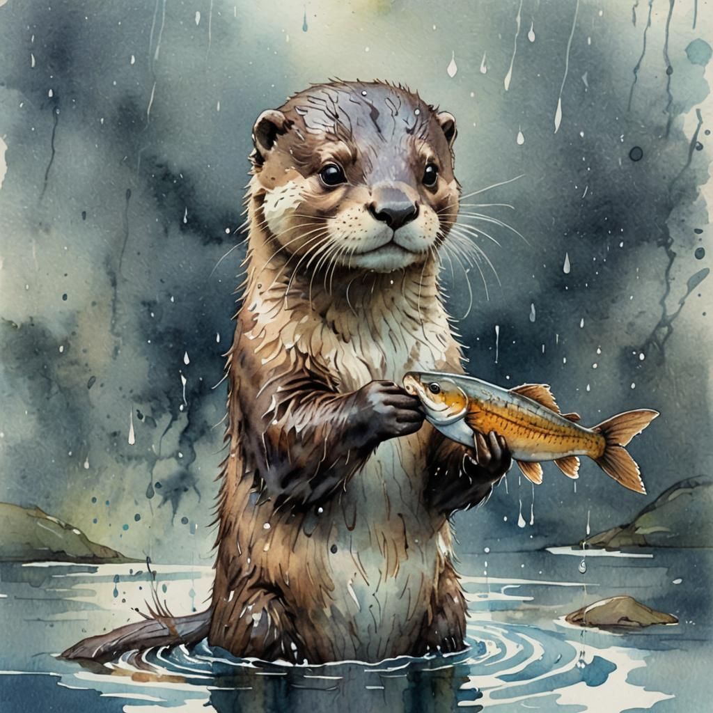 Watercolor Otter with Chibi Fish in Rain