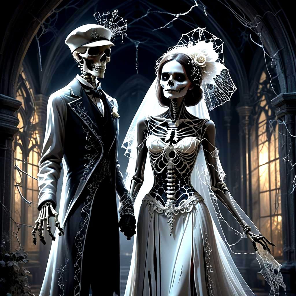 Ghostly Widow and Skeleton Groom in Dark Nuptial Scene