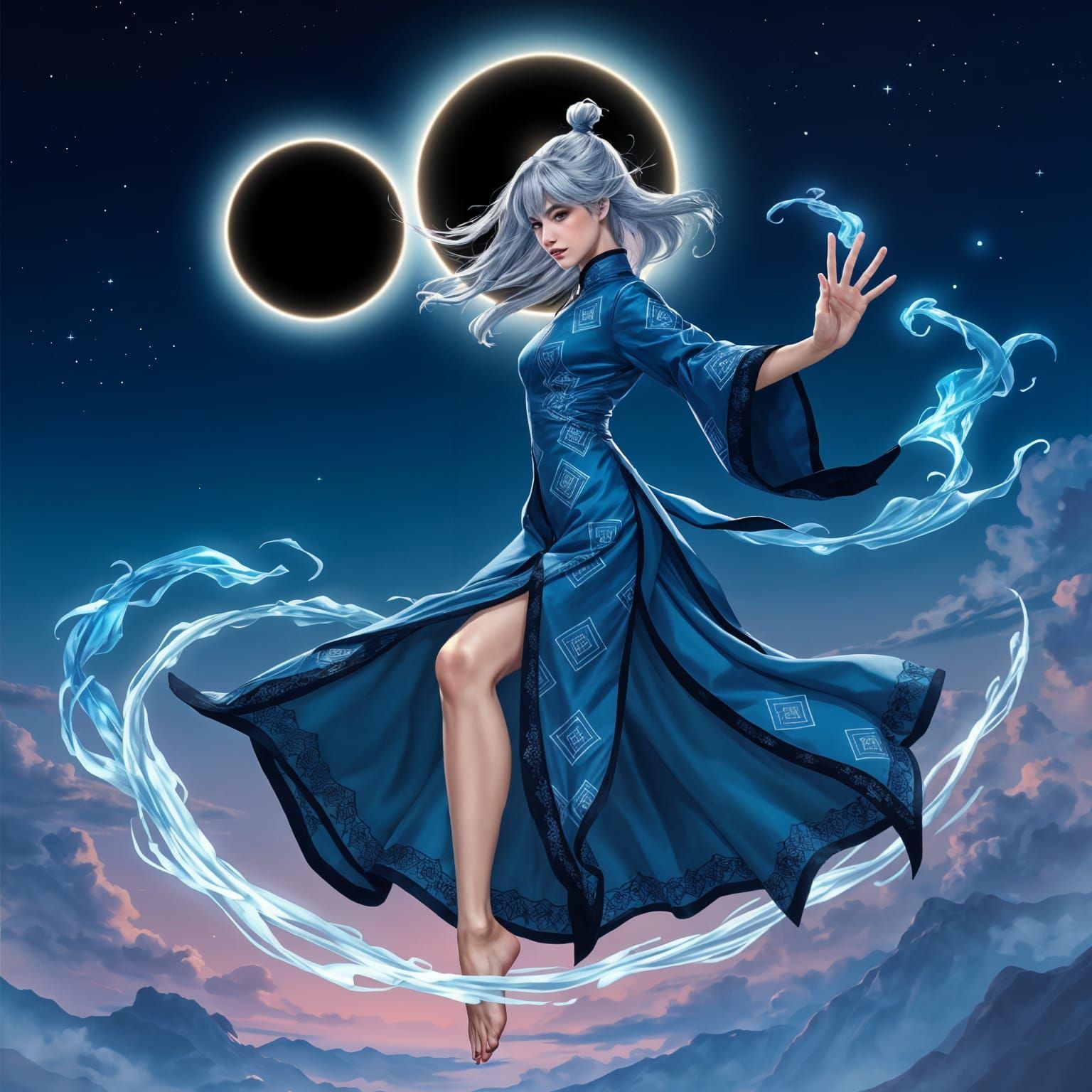 Otherworldly Woman Embodies Ancient Power in Dynamic Pose