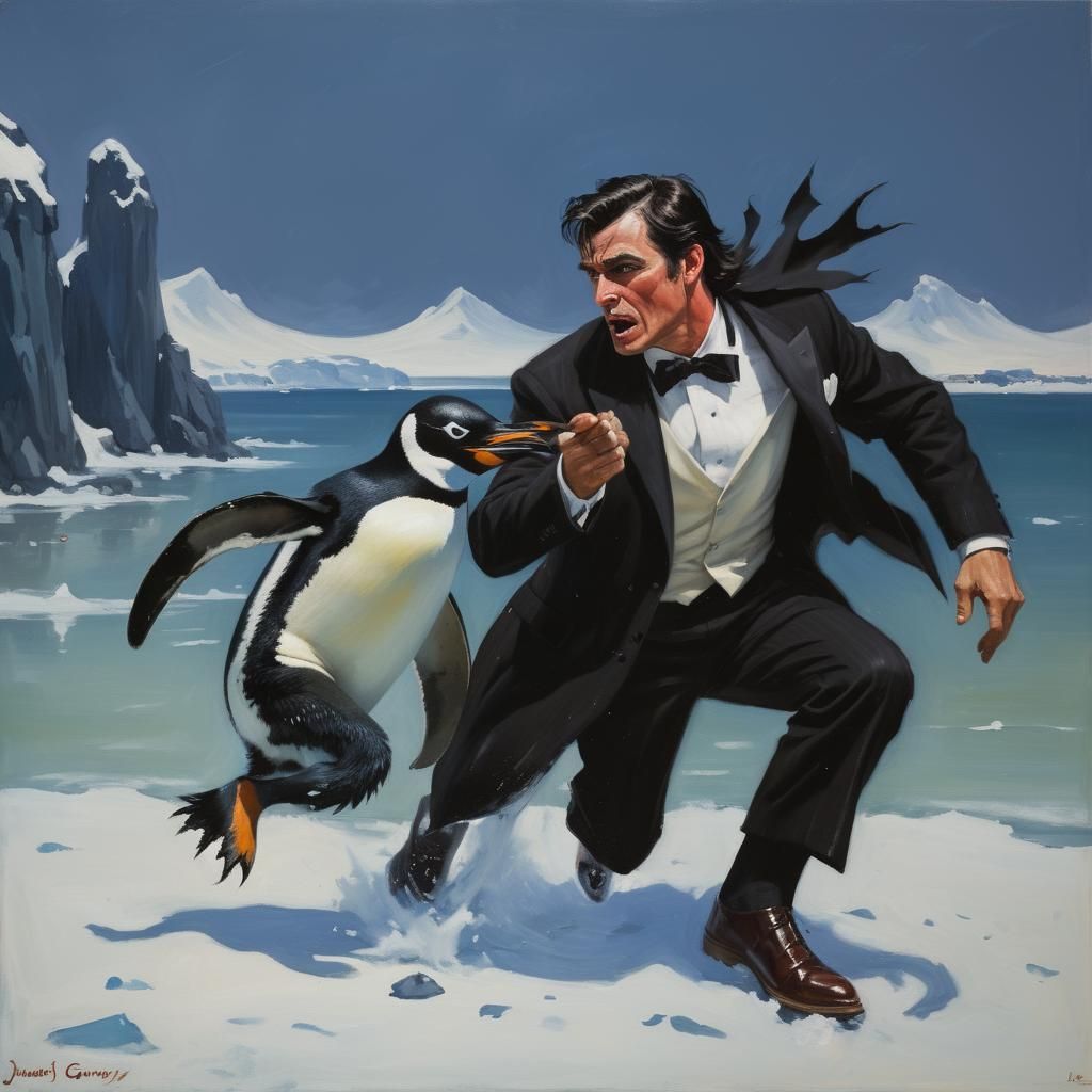 Elegant Man's Penguin Encounter: Oil Painting