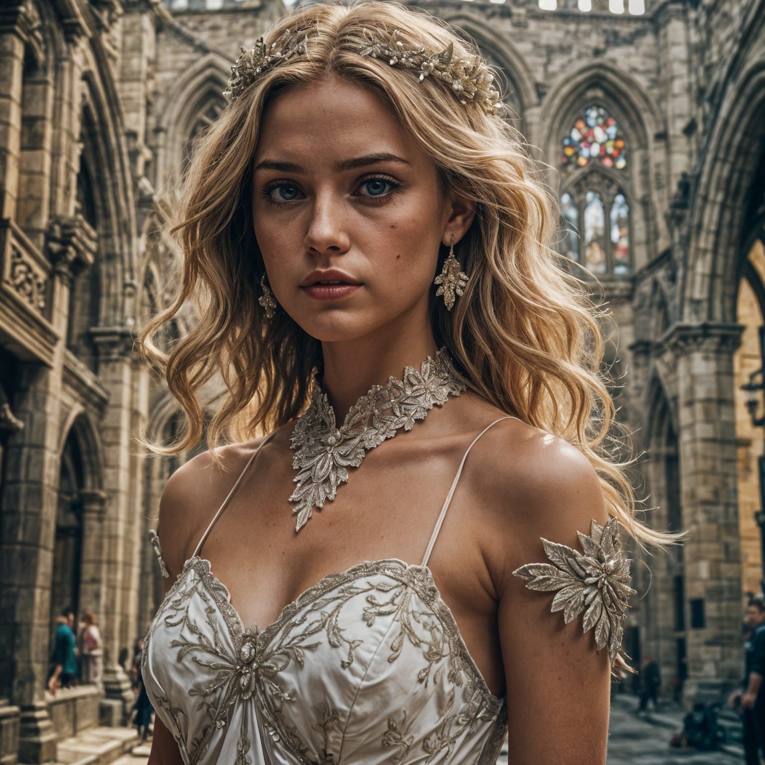Blonde Bride in Metallic Dress, Cinematic Cathedral