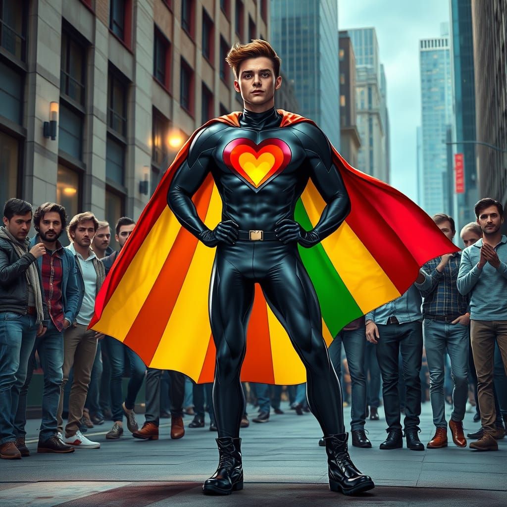 Rainbow Heart Superhero Stands Proudly in City