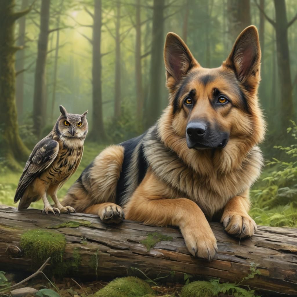 German Shepherd dog and a small owl.