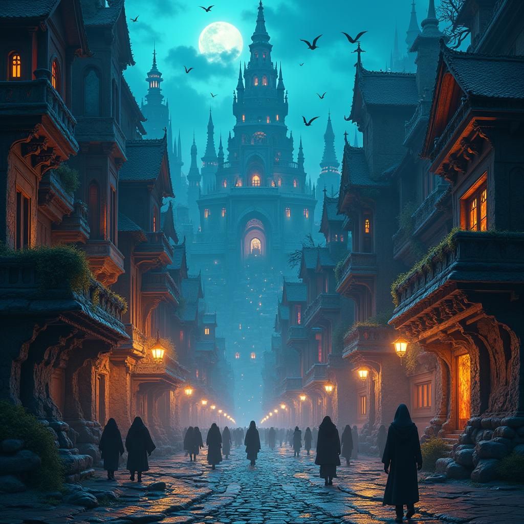 Vibrant Urban Fantasy Town at Night