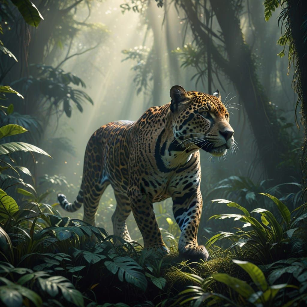 Jaguar Stalking Prey in Ethereal Jungle Mist