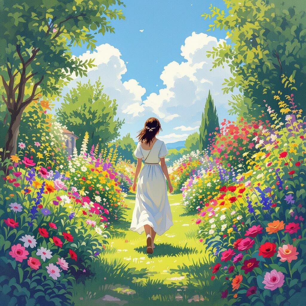 Woman in Flower Garden: Monet, Potter, Miyazaki Style
