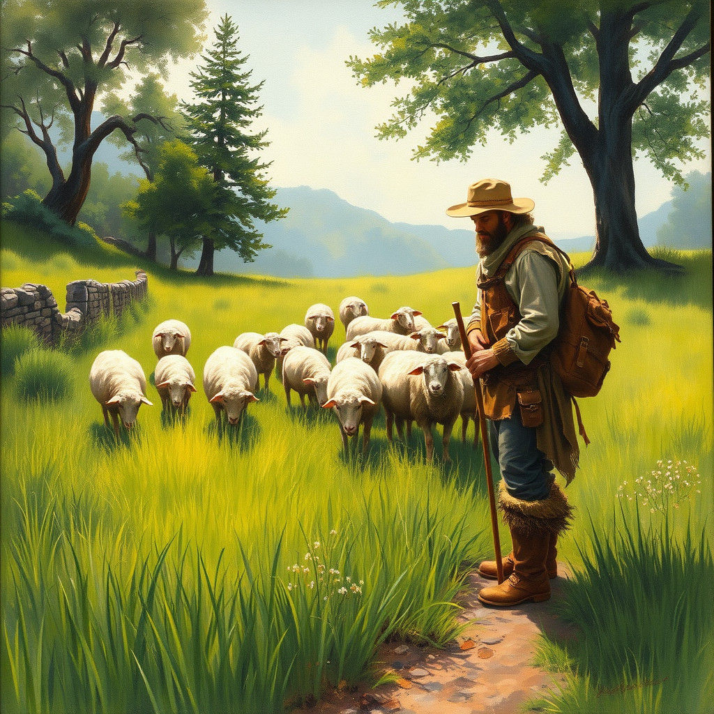 Shepherd and Sheep in Sun-Drenched Field: Folk Art Scene