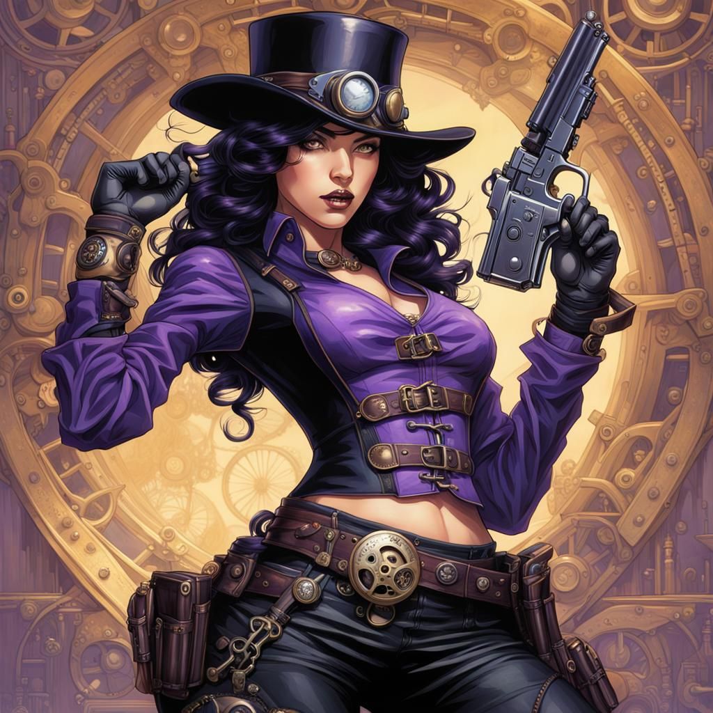 Steampunk Woman Aiming Pistol at Camera