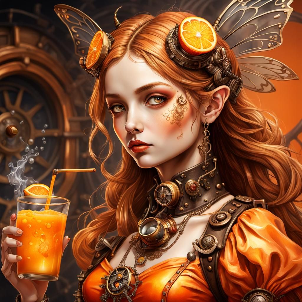 Steampunk Fairy Sipping Orange Drink