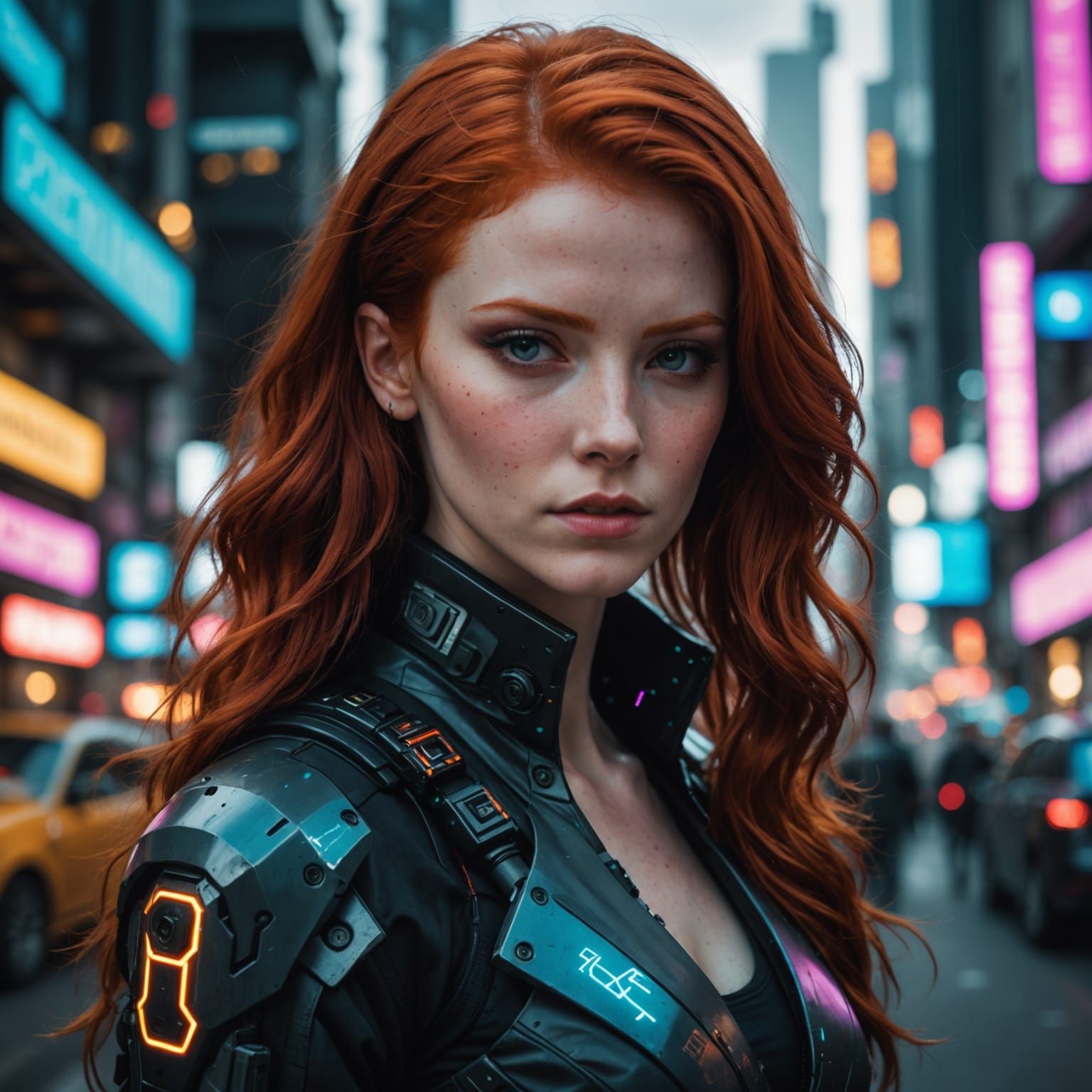 Cyberpunk Redhead in Neon Cityscape