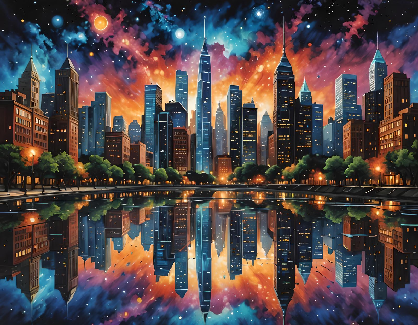 Cosmic Cityscape Reflection: Lyrical Masterpiece