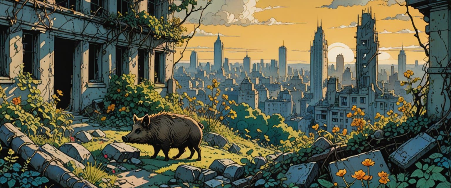 Overgrown City Ruins in Watercolor Comic Style