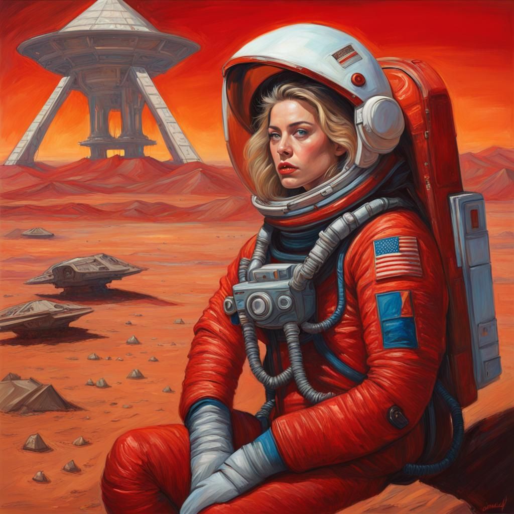 Astronaut on Mars Filling Rocket, Oil Painting