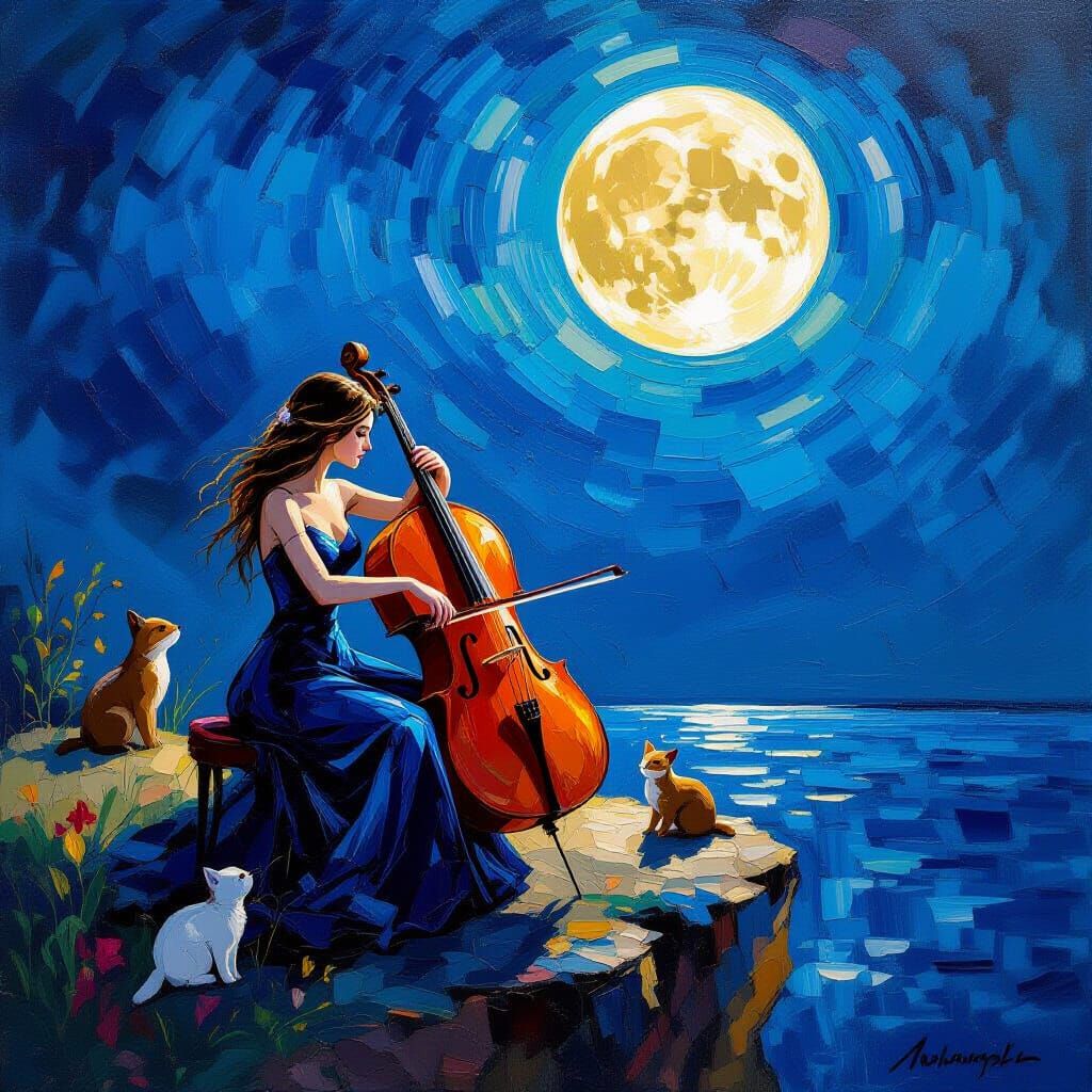 Woman Playing Cello on Cliff Under Full Moon with Animals