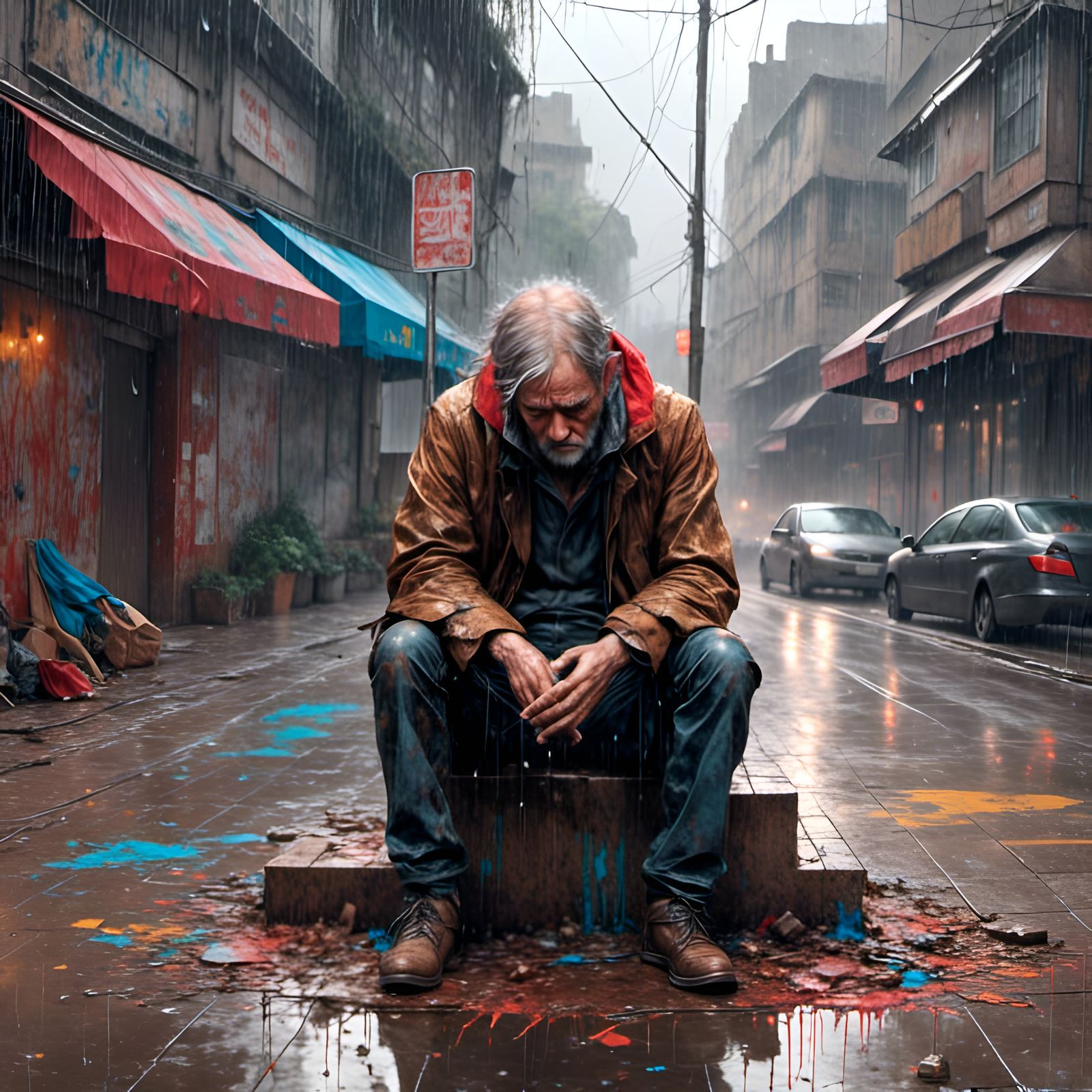 Sad Man Portrait in Rainy Digital Illustration