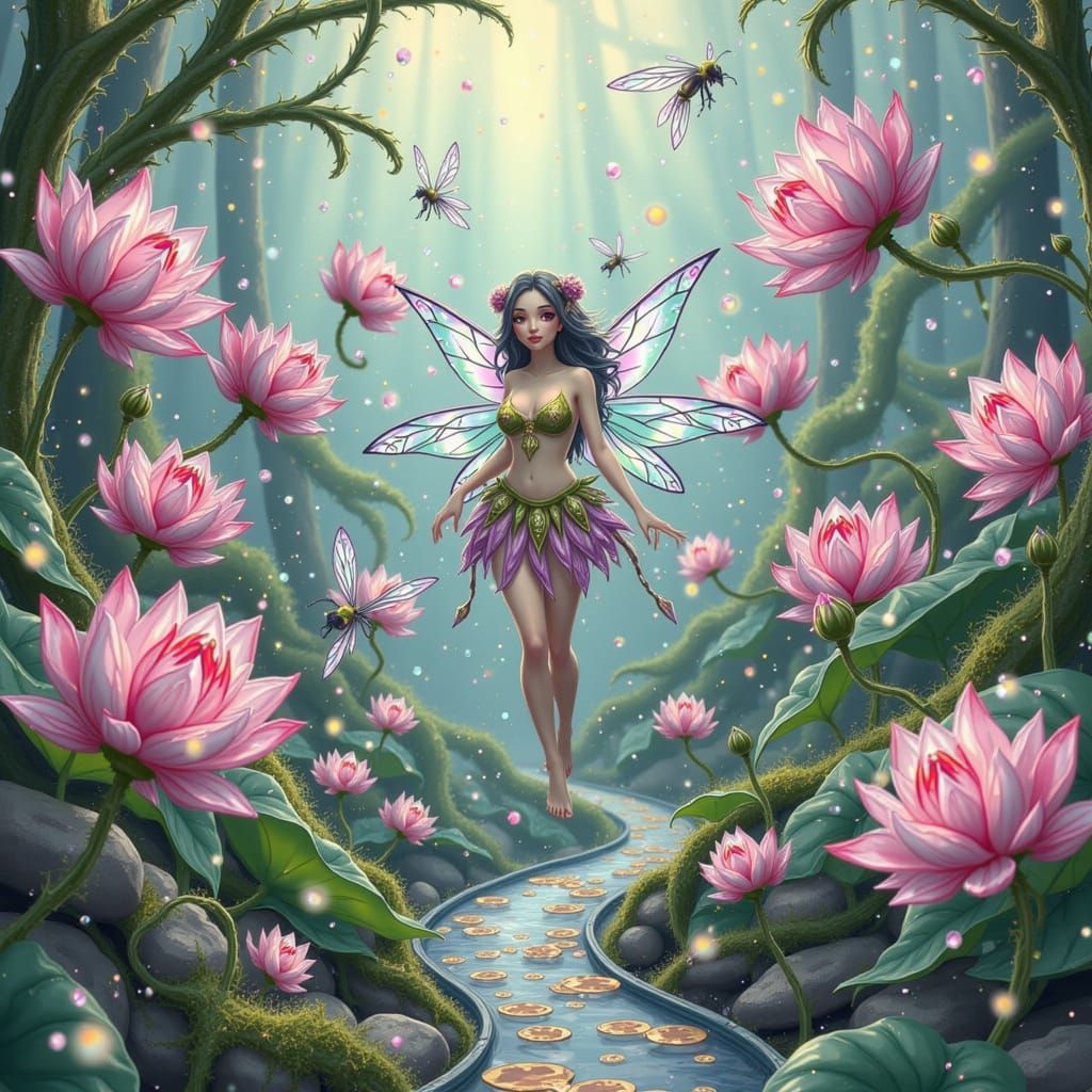 Fairies in Lotus Flower Village, Watercolor Art