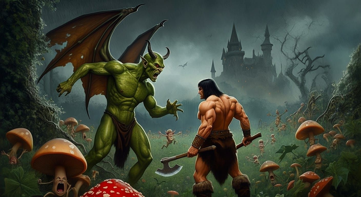 Barbarian Confronts the Green Demon in a Dark Fantasy Realm