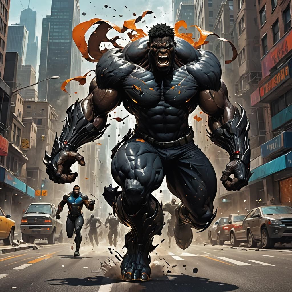 A black Hulk inspired superhero, black male, huge muscles, original creative futuristic awe-inspiring uniform, running d...