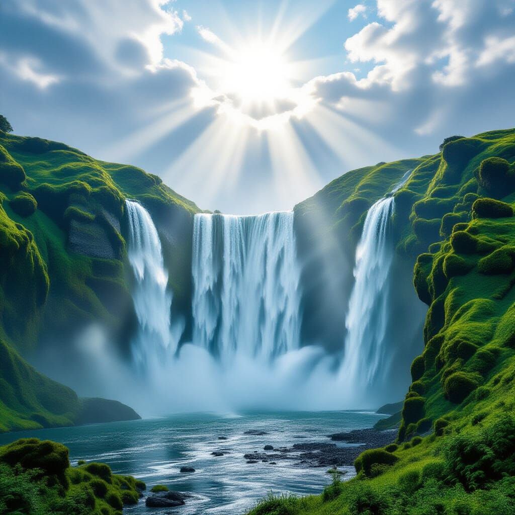 Majestic Waterfall in Heavenly Sunbeams