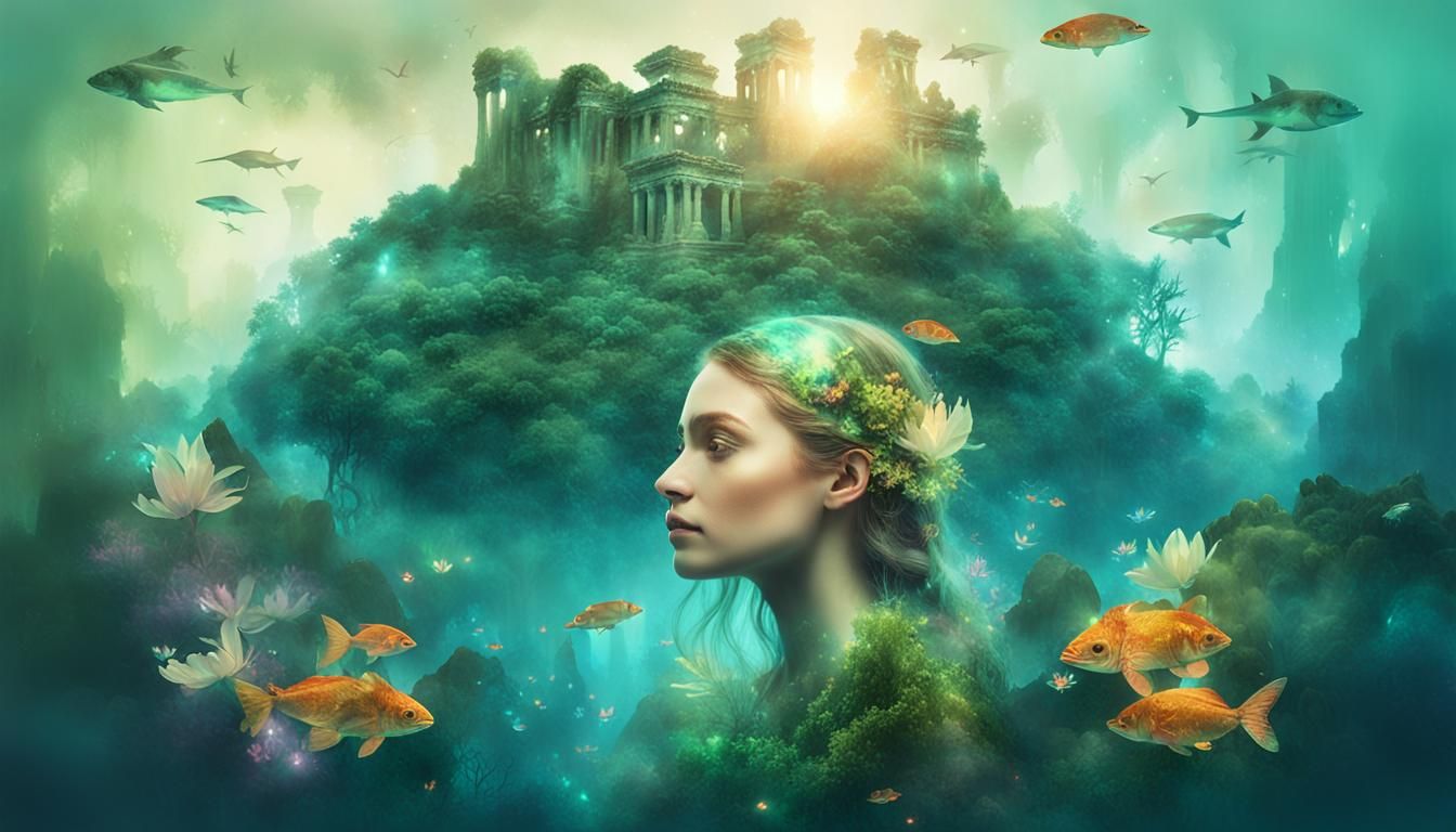 Ethereal Woman Merged with Mythical Worlds