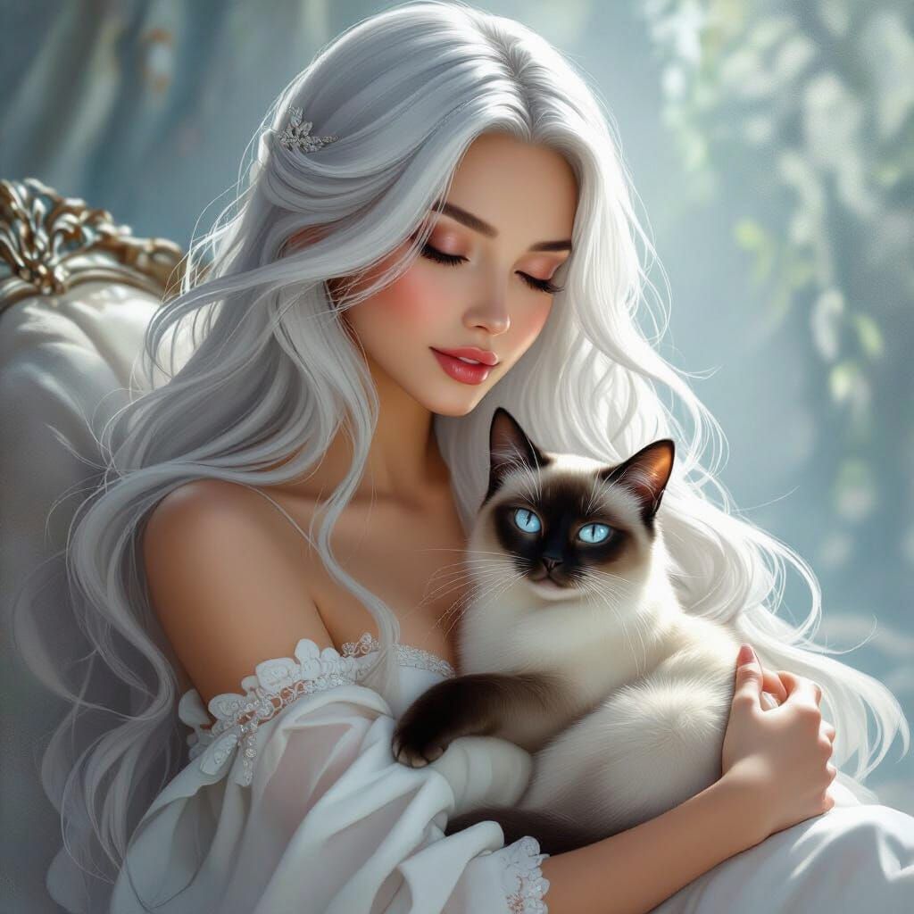 Silver Haired Woman With Siamese Cat in Dreamlike Digital Ar...