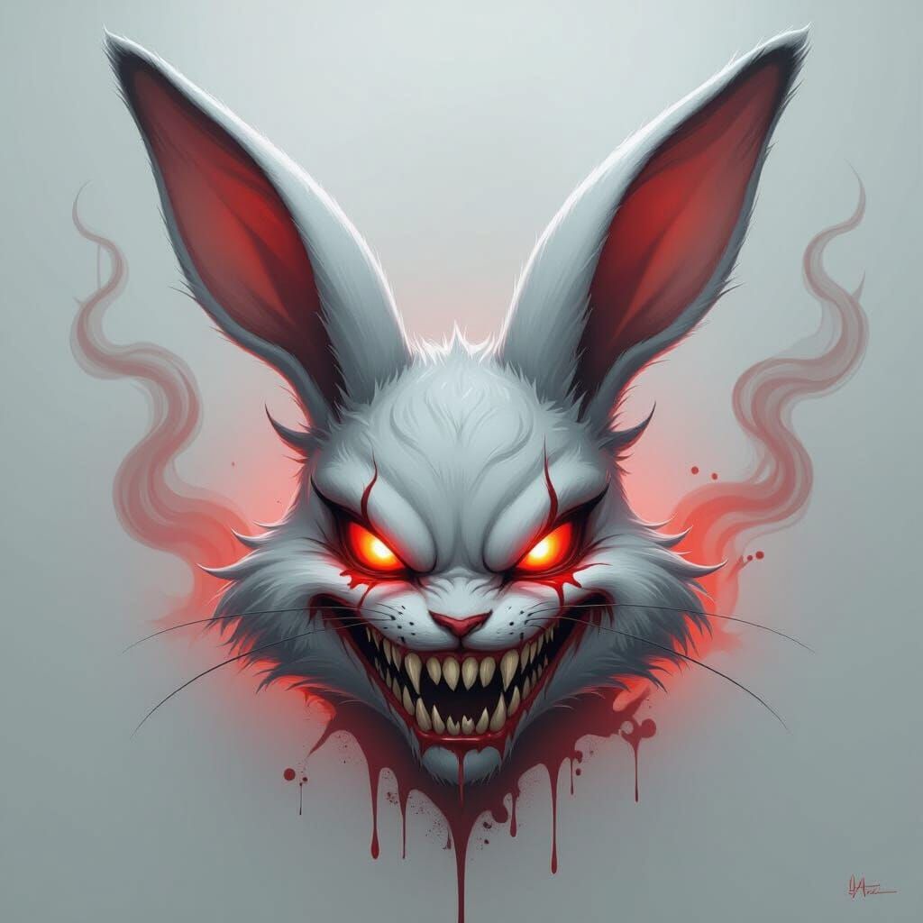Demonic Evil Bunny with Red Eyes in Horror Style
