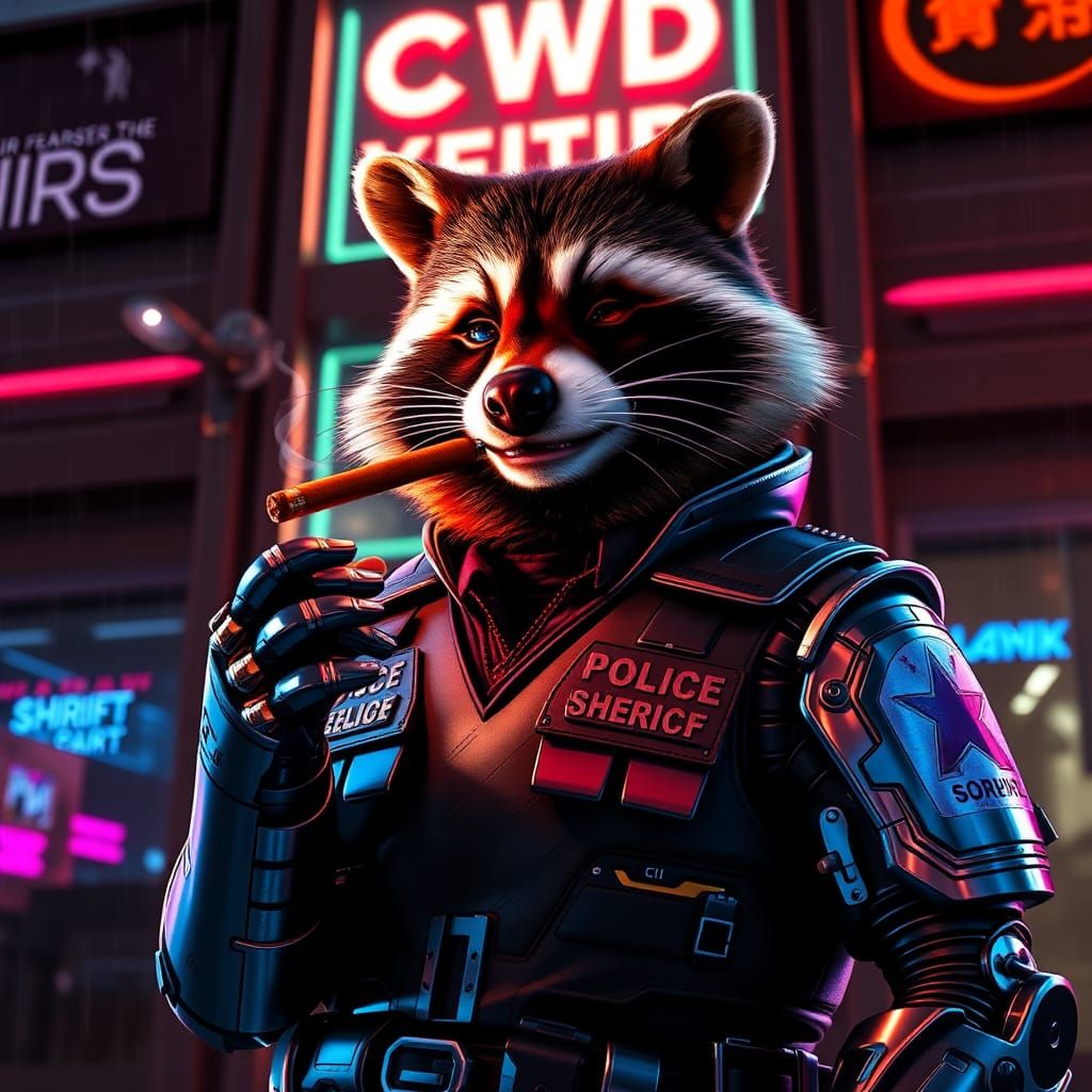 Cyberpunk Raccoon Sheriff Lights Cigar in Metropolis