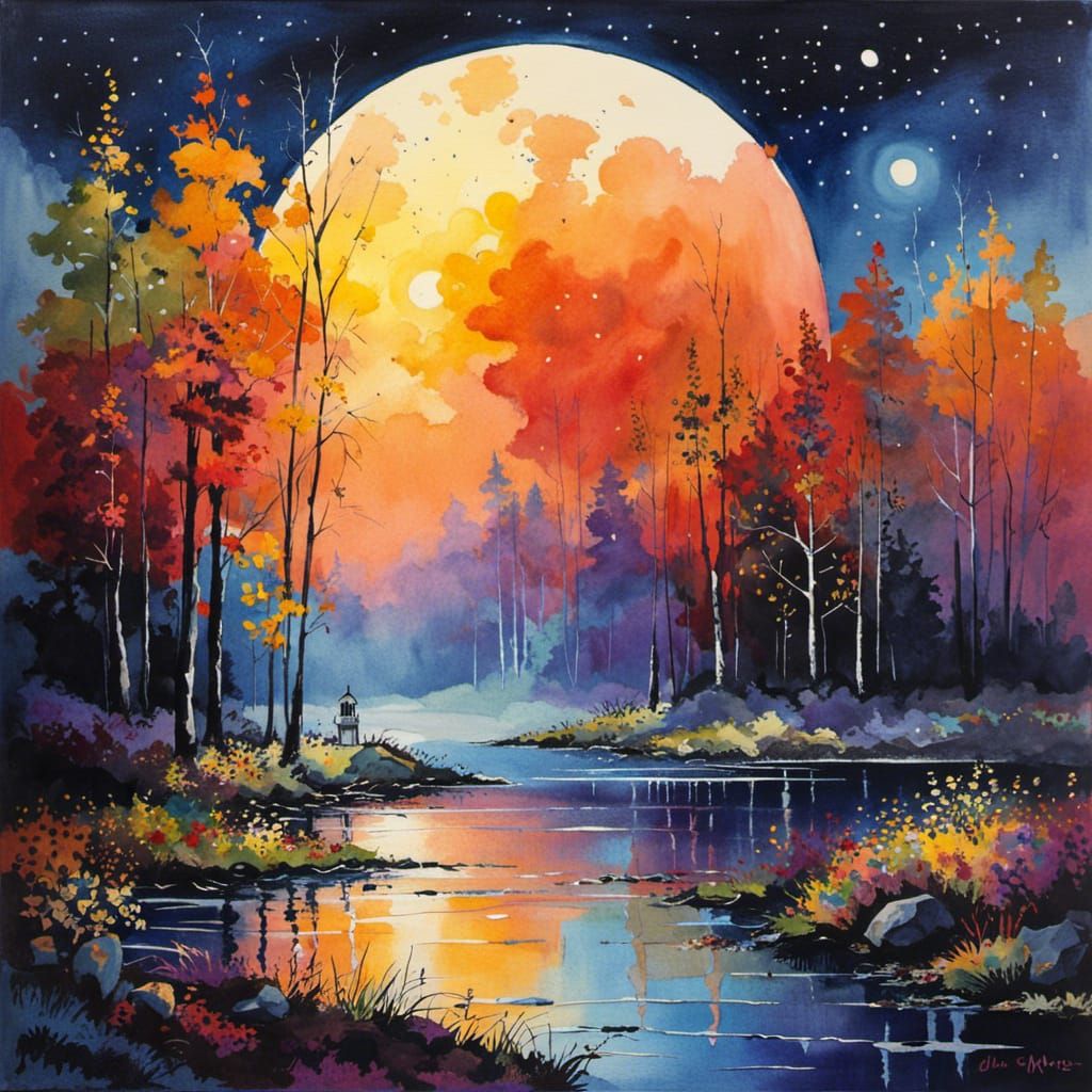 Man Fishing from Moon in Post-Impressionistic Watercolor
